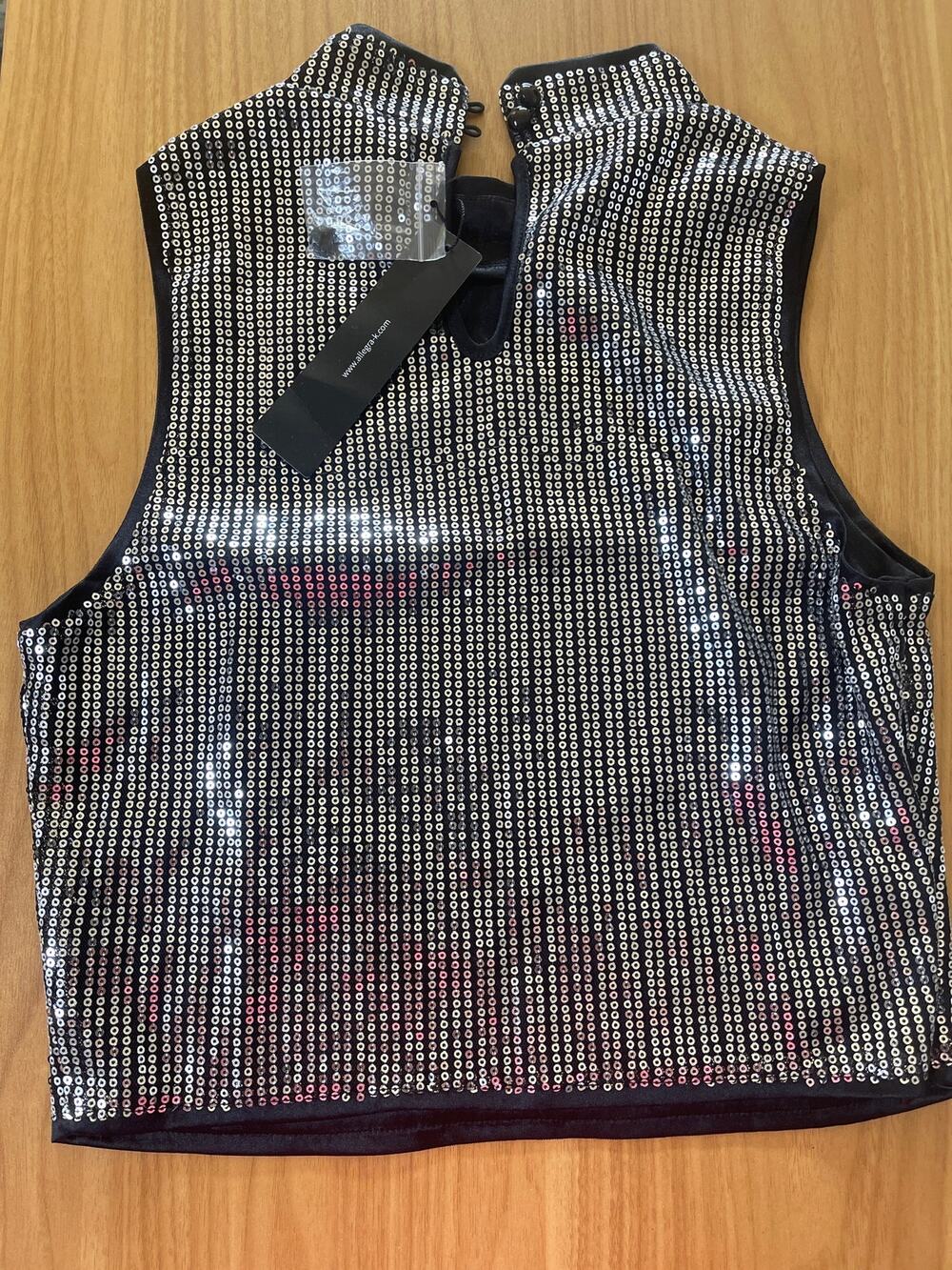 NWT Small Silver Sequin High Button Neck, Keyhole, Lined w Side Zip Crop Top